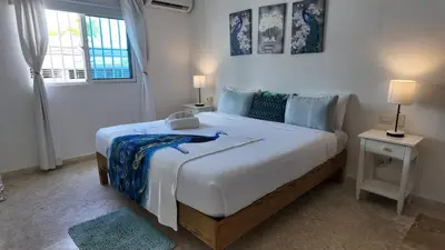 a bedroom with a large bed and a window at La Fenice Beachfront Apartment in Las Terrenas