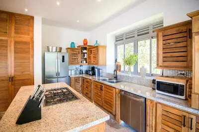 a kitchen with wooden cabinets and a stainless steel refrigerator at Villa Mustique - Perfect tropical paradise in El Limón