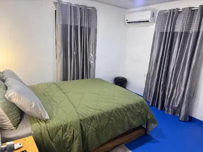 a bedroom with a bed with a green comforter at enjoy the nature of the countryside in Bonao