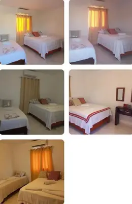 a group of four pictures of a room with two beds at Hospedaje Las Flores Pedernales in Pedernales