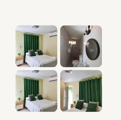 a collage of four pictures of a bedroom with green curtains at Hospedaje Las Flores Pedernales in Pedernales