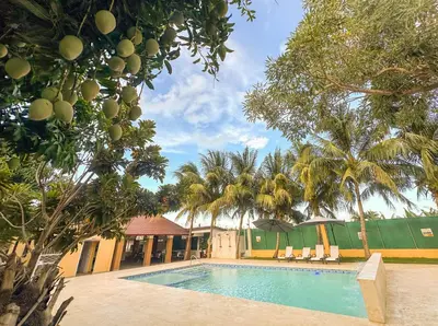 a swimming pool in a resort with palm trees at Terrenal Paradise in Esperanza