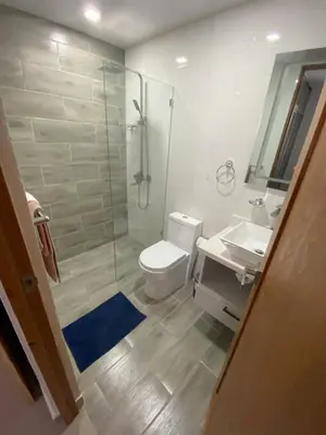 a bathroom with a shower and a toilet and a sink at Cozy Tropical Getaway in Los Altos de Jalisco
