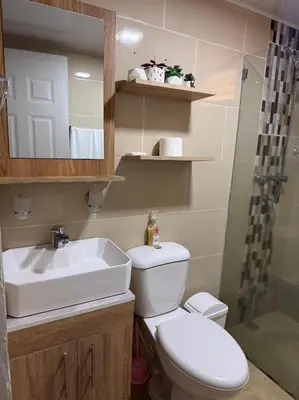 a bathroom with a toilet and a sink and a shower at Acogedor y céntrico apartamento en Palmas de Gurabo in Santiago de los Caballeros