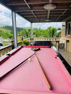 a pink pool table with a ball and bats on it at Villa de Grupo 16, Piscina Natural, Jacuzzi, Granja y Mascotas, Rosa & Deivi te esperan in Villa Altagracia