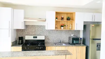 a kitchen with white cabinets and a stove and a sink at Apartamento en Boca Chica T1 302 in Boca Chica