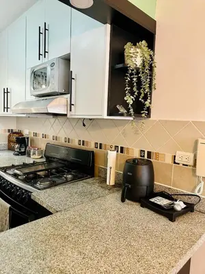 a kitchen with white cabinets and a stove top oven at Modern, Elegant & Comfortable Apartment in El Seis