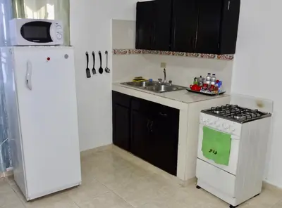a kitchen with a sink and a stove and a refrigerator at Aparta hotel El Sol, Home near AirPort SDQ in Boca Chica