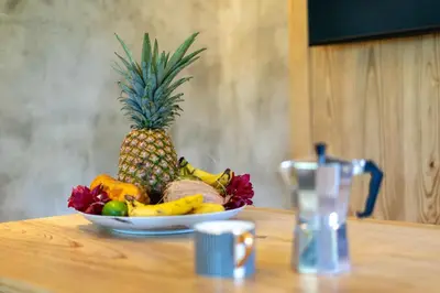 a bowl of fruit on a table with a pineapple at REFUGIO Sabaneta de Yasica in Cabarete