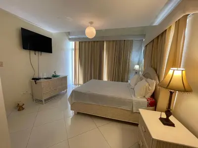 a bedroom with a bed and a television in it at Vista palmera in Juan Pedro