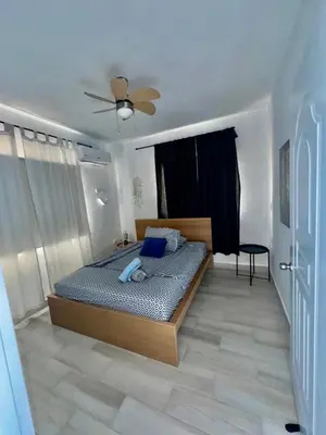 a bedroom with a bed and a ceiling fan at Greta's Penthouse Bayahibe in Bayahibe