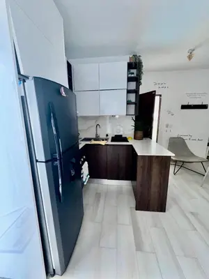 a small kitchen with a refrigerator and a sink at Greta's Penthouse Bayahibe in Bayahibe