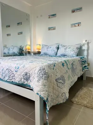 a bedroom with a bed with a comforter and pillows at Apartamento a solo pasos del centro y la playa in Bayahibe