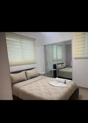 a bedroom with a large bed and a mirror at Leni's Confort in Santiago de los Caballeros