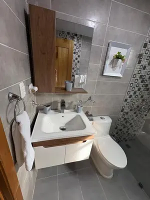 a bathroom with a sink and a toilet and a mirror at Luxury Apartment in San Pedro de Macorís
