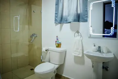 a bathroom with a toilet and a shower and a sink at Next to Basilica 3BR terrace wifi Punta Cana 30min in Higuey