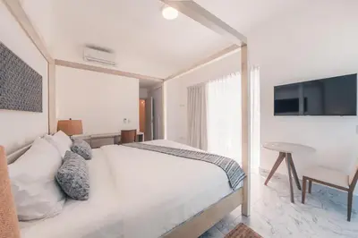 a bedroom with a bed and a tv and a table at Penthouse with jacuzzi in Lake View in Las Terrenas