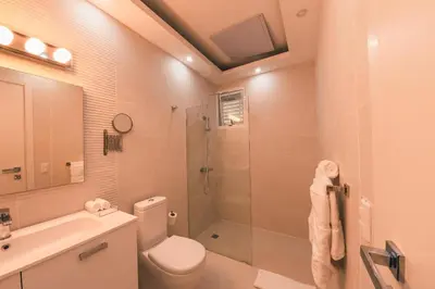 a bathroom with a shower and a toilet and a sink at Penthouse with jacuzzi in Lake View in Las Terrenas