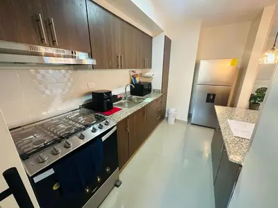 a large kitchen with a stove and a refrigerator at Urban oasis,3 beds, Elevator, Near the airport in Juan López