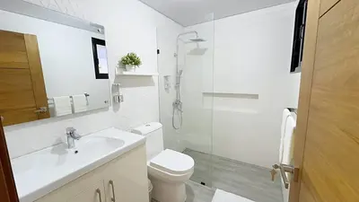 a bathroom with a toilet and a sink and a shower at Luxury Apartment-PRIVATE Patio & BBQ-Near Airport in Santiago de los Caballeros