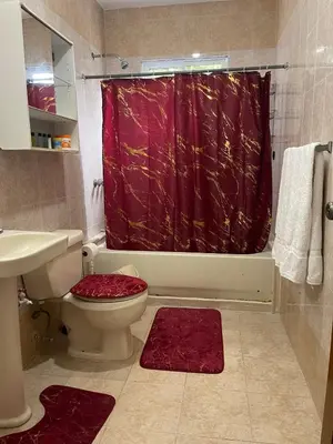 a bathroom with a toilet and a red shower curtain at Acogedor apartamento en Bella Vista, Casa Caribe in Santo Domingo