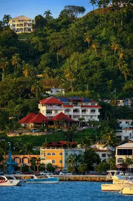 a group of houses on a hill with boats in the water at Hotel Restaurant Chino in Santa Bárbara de Samaná