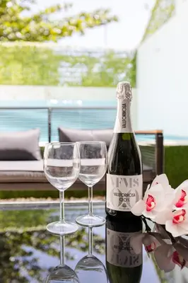 a bottle of wine and two glasses on a table at PERLA I -Modern Private Villa - 4 Bedrooms with Pool in Sosúa