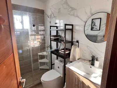 a bathroom with a toilet and a sink and a shower at The Ocean Romana in La Romana