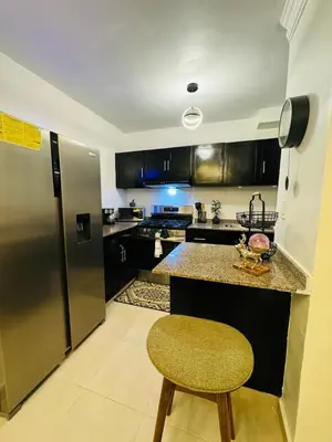 a kitchen with a stainless steel refrigerator and a stool at Luxurious and comfortable 1 level in Ensanche Savica de Mendoza