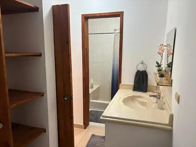 a bathroom with a sink and a shower at Guest House Canephora in Las Galeras in Las Galeras