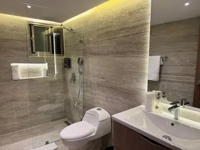 a bathroom with a toilet and a sink and a shower at Caonabo35 Elegancia Boutique en Santo Domingo 2 in Santo Domingo