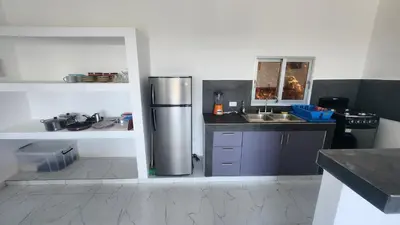 a kitchen with a refrigerator and a sink at Endless Horizon Apartments in Las Terrenas