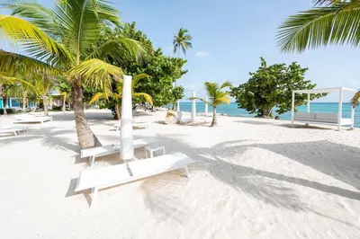 a beach with benches and palm trees and the ocean at Dominica 203 Luxury Apartment by Caribbean Beach Dominicus Aqua Esmeralda in Bayahibe