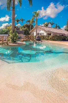 a swimming pool with blue water and palm trees at Guest-Room 2 Palmeras - 2 Pax, 5 Min de La Playa in Las Galeras
