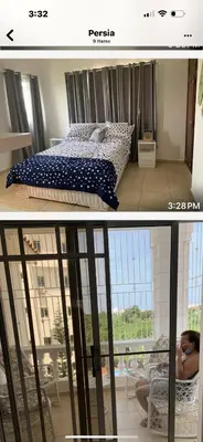 two pictures of a bedroom with a bed and a window at Apartamento en Gribi in Juan Dolio