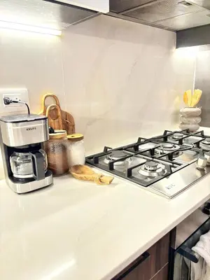a kitchen counter with a stove and a coffee maker at Casita Coco - Luxury Apartment in Santiago in Santiago de los Caballeros