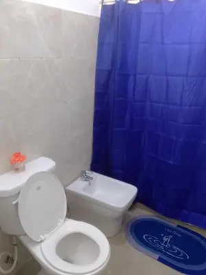 a bathroom with a toilet and a blue shower curtain at Villa del mar in Bayahibe