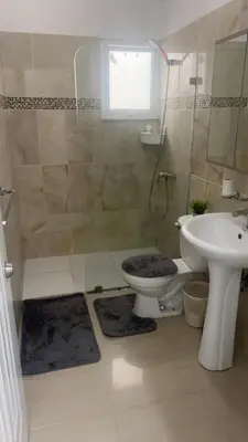 a bathroom with a shower and a toilet and a sink at Bienvenue chez soi in Boca Chica