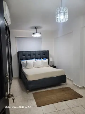 a bedroom with a large bed with a black headboard at Apartamento dos dormitorios en la zona colonial in Santo Domingo