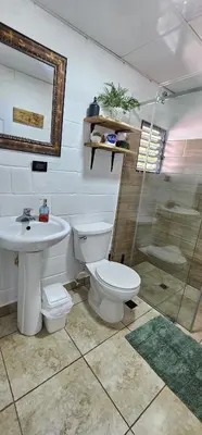 a bathroom with a toilet and a sink and a shower at Brisas de Jarabacoa in Jarabacoa