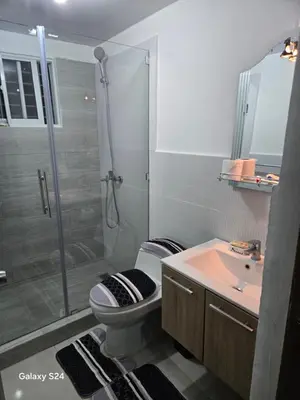 a bathroom with a shower and a toilet and a sink at Peaceful Cottage in Santiago de los Caballeros