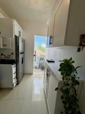 a kitchen with white cabinets and a plant at Bayahibe Apartment by the Beach in Bayahibe