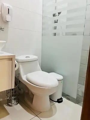 a white bathroom with a toilet and a shower at Brisas de Valle in Jarabacoa