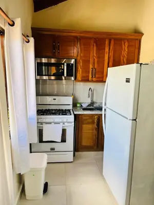 a kitchen with a stove and a white refrigerator at Brisas de Valle in Jarabacoa