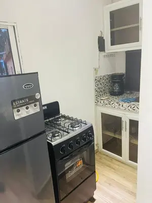 a kitchen with a black stove and a refrigerator at La placita in Santa Bárbara de Samaná