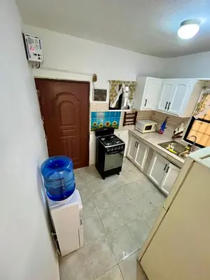 a small kitchen with white cabinets and a stove at Apartamento in Boca Chica