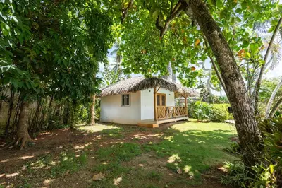 a small cottage in the woods with a thatched roof at Villa Aurore Las Terrenas, Las Ballenas beach in Las Terrenas