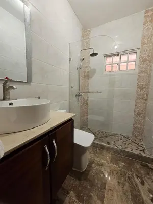 a bathroom with a sink and a shower and a toilet at Magnificent accommodation in Puerto Plata