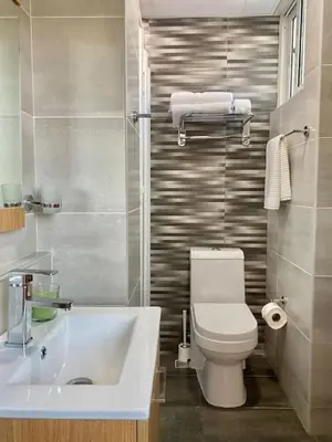 a bathroom with a white toilet and a sink at Cozy, City Center Condo in Santo Domingo