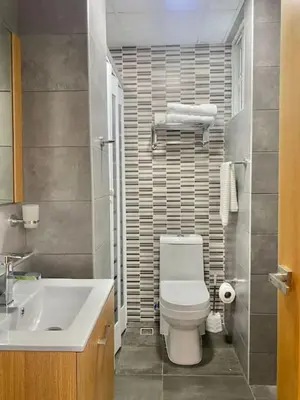 a bathroom with a white toilet and a sink at Cozy, City Center Condo in Santo Domingo